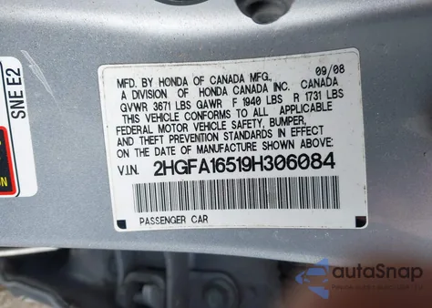 2009 Honda Civic z USA, uszkodzony, nr VIN 2HGA16519H306084